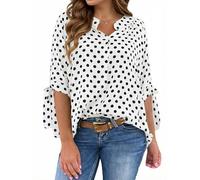 Cicy Bell Womens Polka Dot Half Sleeve Pleated Top Button Down Tunic Blouse, White, Medium