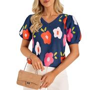 Cicy Bell Womens Puff Short Sleeve Sweater Tops V Neck Floral Knit Shirts