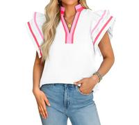 Cicy Bell Womens Ruffle Cap Sleeve Tops Color Block V Neck Dressy Casual Blouses Summer Pleated Loose Fit Shirts, Pink and White, M