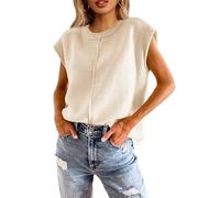 Cicy Bell Womens Summer Cap Sleeve Tops Lightweight Crew Neck Sweater Vest Casual Knit Pullover,Apricot,XL