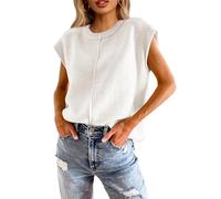 Cicy Bell Womens Summer Cap Sleeve Tops Lightweight Crew Neck Sweater Vest Casual Knit Pullover,White,XL