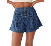 Cicy Bell Womens Summer Flowy Jean Shorts Button Up High Waisted Wide Leg Denim Skort with Pockets, Navy Blue, 10