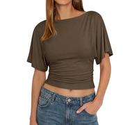 Cicy Bell Womens Summer Wrap Tops Casual Short Sleeve Tie Back T Shirts Trendy Boat Neck Blouse, Coffee, M