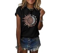Cicy Bell Women's Sun and Moon Printed T-Shirts Summer Crew Neck Short Sleeve Tops Vintage Basic Shirts, black, M