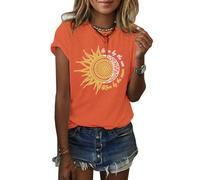 Cicy Bell Women's Sun and Moon Printed T-Shirts Summer Crew Neck Short Sleeve Tops Vintage Basic Shirts, orange, M