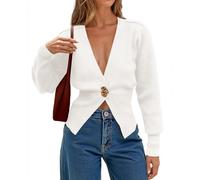 Cicy Bell Womens V Neck Knitted Cardigans Long Sleeve Button Down Sweaters Fall Casual Coats Outerwear, White, Small