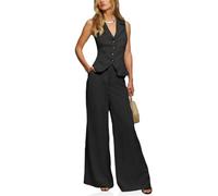 Cicy Bell Womens Vest Sets Button Crop Blazer Vest and Wide Leg Pant Suits, Black, S