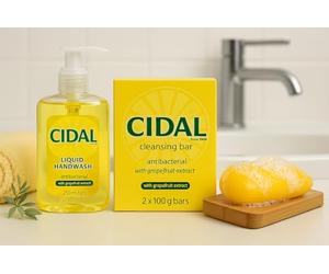 Cidal Cidal Antibacterial Cleansing Bar 2x100gr+ Cidal Antibacterial Liquid Handwash 250 ml+Dr Cosi Natural Wooden Bamboo Soap Dish Storage Holder-Dr Cosi Cleansing Set