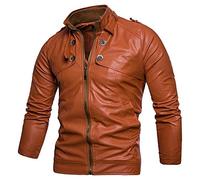 CIDCIJN Mens Casual Leather Jacket - Fashion Men Leather Locomotive Wind Slim Body Collar Pocket Jacket Autumn Winter Brown Black Color Plus Size,Orange,M