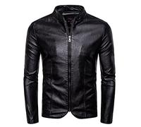 CIDCIJN Mens Casual Leather Jacket - Fashion Men'S Bright Skin Jacket Simple Zipper Leather Coat Small Stand Collar Men Business Leisure Locomotive Jacket Handsome,Black,Asian L Is Eur S
