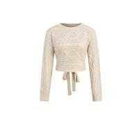 CIDER Cable Knit Sweater Women Crew Neck Cut Out Knotted Long Sleeve Pullover Trendy Crop Top Casual Knit Top Beige