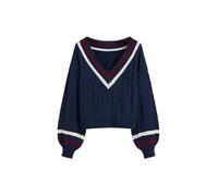CIDER Cable Knit Sweater Women V Neck Long Sleeve Pullover Top Solid Contrasting Binding Regular Fit Knit Sweater Preppy Style Dark Navy