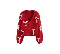 CIDER Cardigan Sweater for Women Knit Bow V Neck Button Down Oversized Long Sleeve Cardigan Sweaters Cute Jumper Top Fiery Red