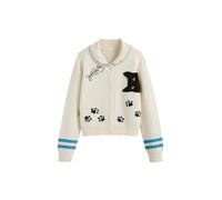 CIDER Cardigan Sweater for Women Knitted Long Sleeve Collared Cat Cute Pattern Button Down Crop Tops, White, M