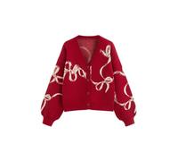 CIDER Cardigan Sweaters for Women Bow Cardigan Long Sleeve V Neck Open Front Button Knit Sweater Trendy Fall Outfits, Red, Small