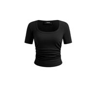 CIDER Crop Tops for Women Square Neck Short Sleeve Ruched Fitted Tee Casual Basic Summer Going Out Tops, Black, L