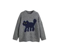 CIDER Cute Sweaters for Women Cat Sweater Crew Neck Long Sleeve Fun Graphic Patterned Pullover Wool Blend Sweater Grey