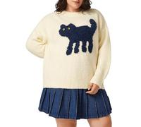 CIDER Cute Sweaters for Women Cat Sweater Crew Neck Long Sleeve Fun Graphic Patterned Pullover Wool Blend Sweater Beige