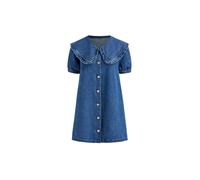 CIDER Denim Dress Peter Pan Collar Mini Dress Short Sleeve Button Through Smock Middle Waist Navy Blue