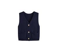 CIDER Knit V-Neck Solid Button Pocket Crop Vest, Dark Navy, L