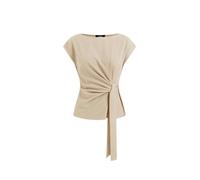 CIDER Ladies Blouse Oversized Shirts for Women Boat Neck Stripe Knotted Tie Front Blouse Woven Short Sleeve Top Beige