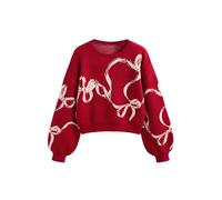 CIDER Oversized Sweaters for Women Bow Print Crew Neck Long Sleeve Y2k Knitted Pullover Sweater Trendy Tops Red