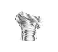 CIDER Striped Ruched Off The Shoulder Going Out Tops Cotton Blend for Womens Asymmetrical Neck Short Sleeve Fitted Tops