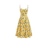 CIDER Summer Dress Lemon Print Lace Up Pleated Middle Waist Sleeveless Vacation Party