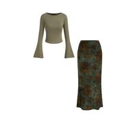 CIDER Summer Outfits For Women Two Piece Skirt Set Boat Neck Long Sleeve Floral Ruched Mid Waist Maxi Set