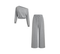CIDER Two Piece Sets For Women Long Sleeve Crop Top Asymmetrical Neck Wide Leg Trousers Lounge Sets