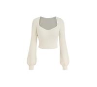 CIDER Women’s Crop Top Sweater Square V Neck Lantern Sleeve Cute Rib Knit Pullover, Cream, Small