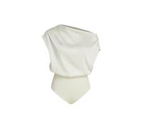 CIDER Women's French Riviera Vacation Satin Asymmetrical Neck Solid Ruched Bodysuit, Beige, Large