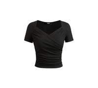 CIDER Women's High Waisted Jeans Stretch Jersey Sweetheart V-Neck Short Sleeve Top, Black, XS