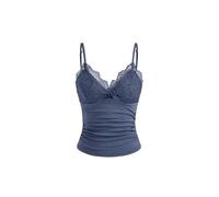 CIDER Y2K Going Out Tank Tops Lace Cami for Women V Neck Solid Sleeveless Ruched Trim Tops, Navy Blue, S