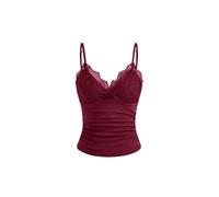 CIDER Y2K Going Out Tank Tops Lace Cami for Women V Neck Solid Sleeveless Ruched Trim Tops, Wine, S