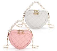 Cididu 2 Pack Little Girl Purses, Heart Shaped Children Crossbody Bag with Pearl Handle, Mini Cute Toddler Purse with Chain Strap, Princess Handbag Wallet Gift for Kids, Pink White, Cute