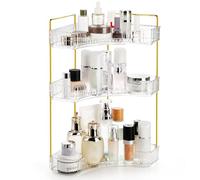 Cididu 3 Tiers Corner Bathroom Counter Organizer, Clear Countertop Shelf Storage Rack, Cosmetic Perfume Tray Standing Holder with Gold Metal Pole, Skincare Sink Organizer for Vanity Kitchen