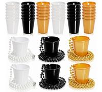Cididu 36 Pack Shot Glass on Beaded Necklace, Disposable Mini Plastic Shot Cups Black Gold White, Bulk Party Shot Glasses for Bachelorette, Adult Party Favor for New Year Eve Graduation Mardi Gras