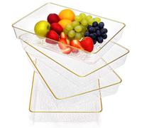Cididu 4 Pack Clear Serving Trays, Deep Serving Platters Rectangle 12'' x 8'', Decorative Tray with Gold Rim, Reusable Plastic Tray Organizer for Coffee Table Pantry Party Food Display Spill Proof