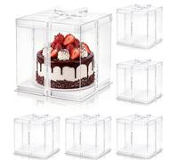 Cididu 6 Pcs Clear Cake Box with Ribbon, 2-Layer Tall Cake Packaging Boxes 8x8x9 Inch, PET Cake Carrier Transport Container for Tiered Cake, Transparent Gift Display Boxes with Lid for Birthday Party