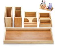 Cididu Bamboo Desk Vanity Tray, 7 Pieces Adjustable Pen Holder Stationery Caddy, Bathroom Vanity Organizer Set, Sturdy Countertop Tray Storage Boxes Office Supplies for Makeup Small Items Home Kitchen