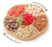 Cididu Bamboo Food Tray, 12'' Lazy Susan Serving Tray, Appetizer Divided Serving Platter Dishes, 360° Rotating Relish Party Tray, 6 Compartments Bamboo Trays for Snack Nut Fruit Veggie Chip and Dip