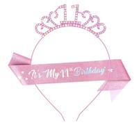 CIEHER 11th Birthday Tiara & Sash Set - Pink Rhinestone Crown with Glitter Sash for 11th Birthday Decorations