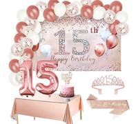 CIEHER 15th Birthday Decorations for Girls Set - Rose Gold Birthday Backdrop, 15th Birthday Crown and Sash, Tablecloth, 60PCS Balloons, 15th Candles, Birthday Cake Topper & 32inch Digital Balloon