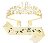 CIEHER 18th Birthday Crown and Sash + Pearl Pin Set, Gold 18th Birthday Decorations for Girls 18th Birthday Gifts 18th Birthday Sash and Tiara