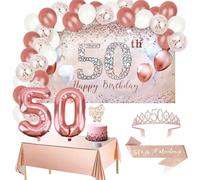 CIEHER 50th Birthday Decorations for Women Set - Rose Gold 50 Birthday Backdrop, 50th Birthday Crown and Sash, Tablecloth, 60PCS Balloons, 50th Candles, Birthday Cake Topper & 32inch Digital Balloon