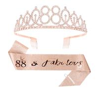 CIEHER 88th Birthday Crown + 88th Birthday Sash + Pearl Pin Set, 88 & Fabulous Birthday Sash, 88 Birthday Tiara, 88th Birthday Decorations for Women, 88th Birthday Gifts