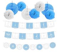 Cielito Lindo Party Decorations, Blue and White Papel Picado Banner Paper Fan Pom Poms, Mexican Fiesta Birthday Cinco de Mayo Party Supplies