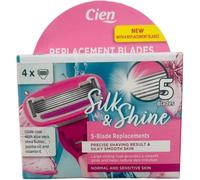 Cien Silk 4 Replacement Razor Blades for Women 4 Pack | 5 Blade Cartridges with Aloe Vera, Shea Butter, Jojoba Oil & Vitamin E Glide Strip | Fits Silk 5 & Shine Razor Handles | Sensitive Skin