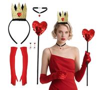 CIEOVO 5 Pcs Halloween Queen Costume Accessories Set, Crown Headband Heart Scepter Wand Heart Dangle Earrings Gloves Decor for Women Halloween Queen Costume Party